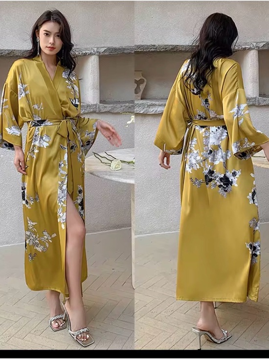Other - Floral Satin Kimono Robe in Mustard Yellow